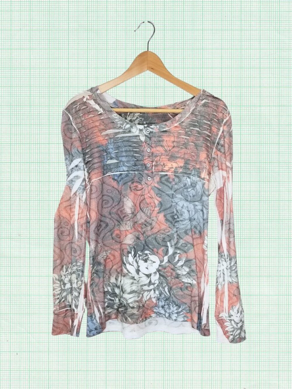Light / Breathable Rayon Blend Abstract Floral Long-Sleeve Shirt, Large